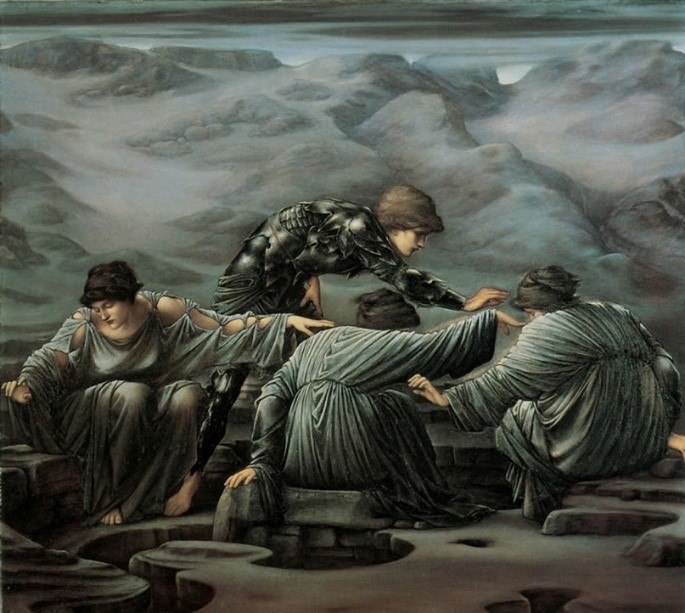 圖一、柏修斯與格賴埃三女妖（Edward Burne-Jones - Perseus and the Graeae, 1892）